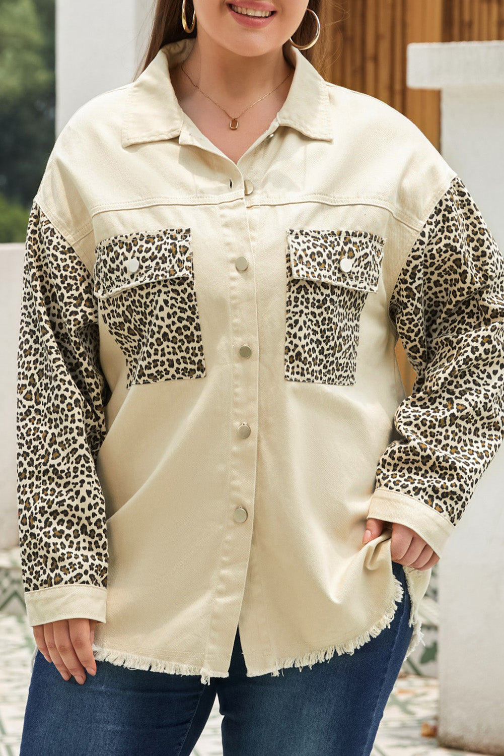 Plus Size Leopard Button Up Raw Hem Denim Jacket 