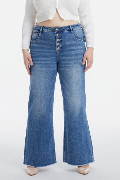 BAYEAS Full Size High Waist Button-Fly Raw Hem Wide Leg Jeans 