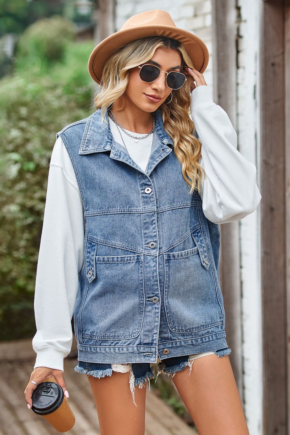 Sleeveless Denim Top with A Detachable Hood 