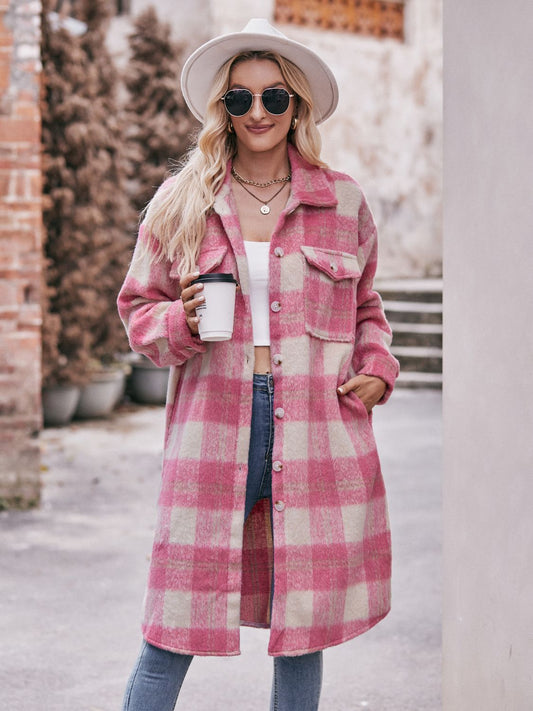 Plaid Dropped Shoulder Slit Coat 