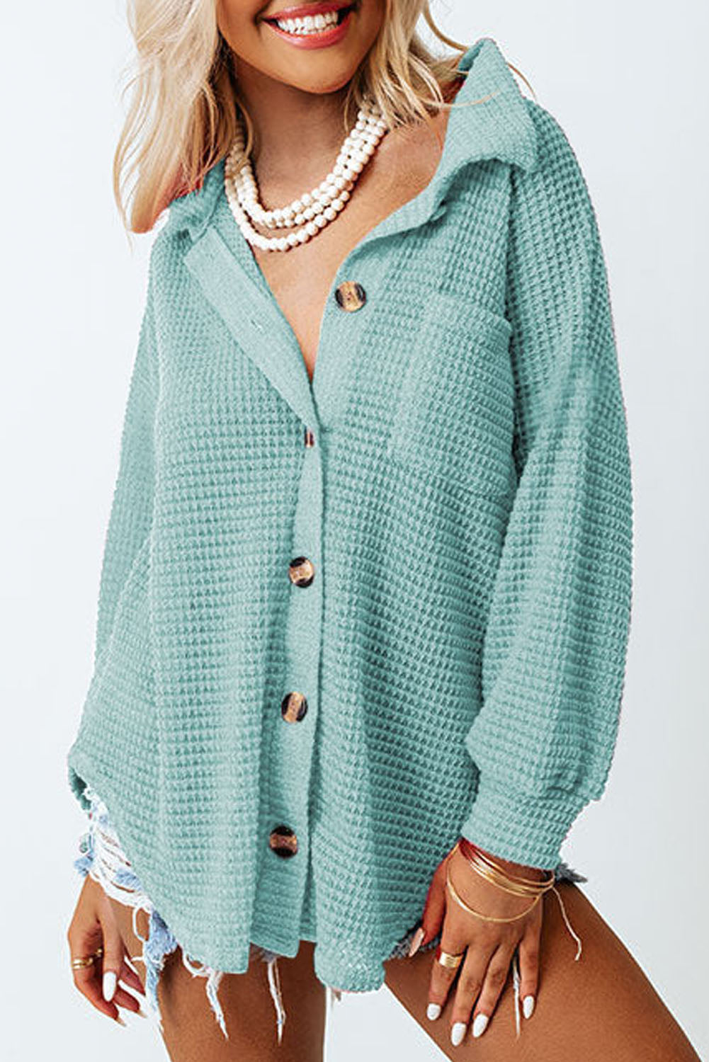 Waffle-Knit Button Up Long Sleeve Shirt with Pocket - Babbazon Tops