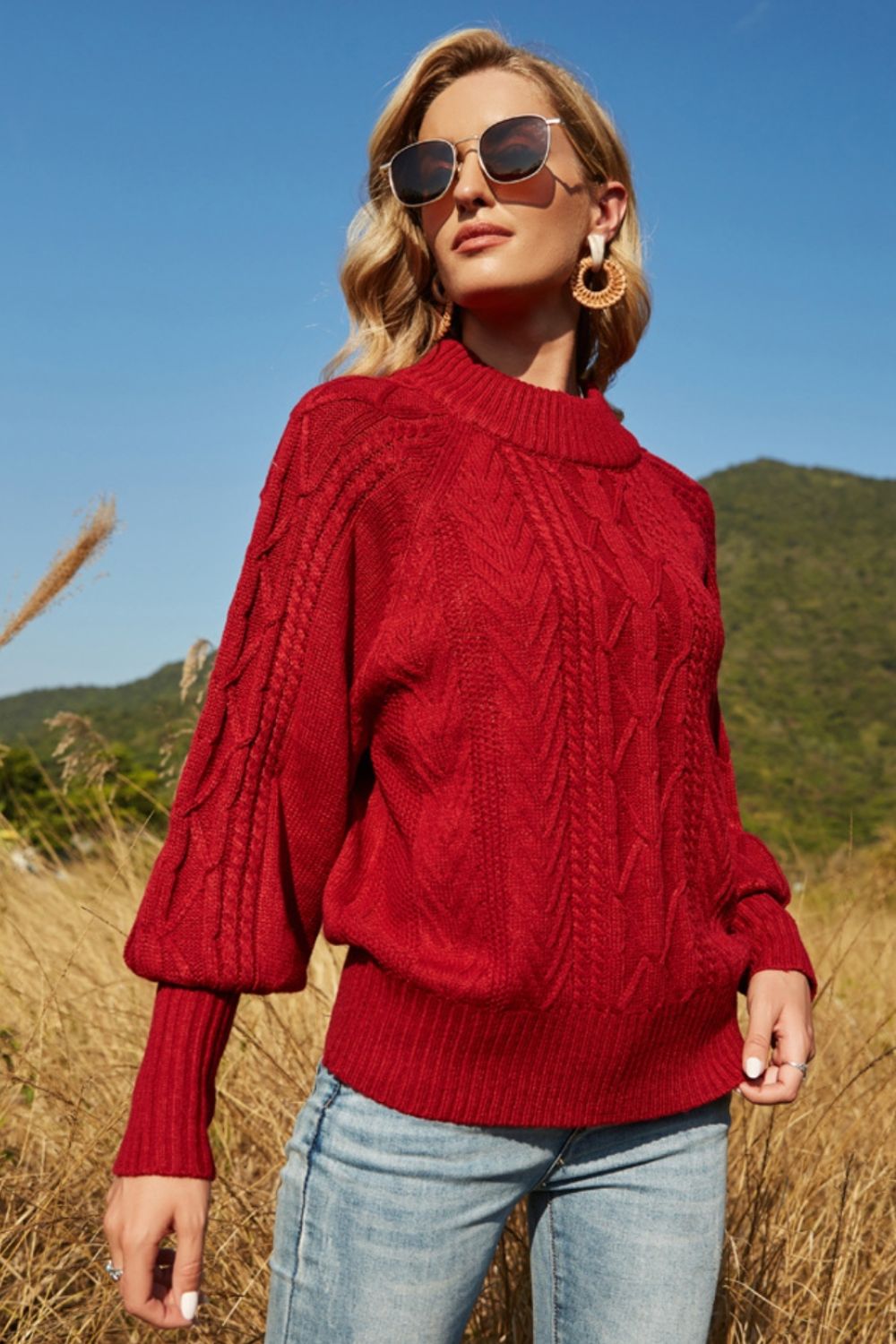 Ribbed Mock Neck Lantern Sleeve Sweater 