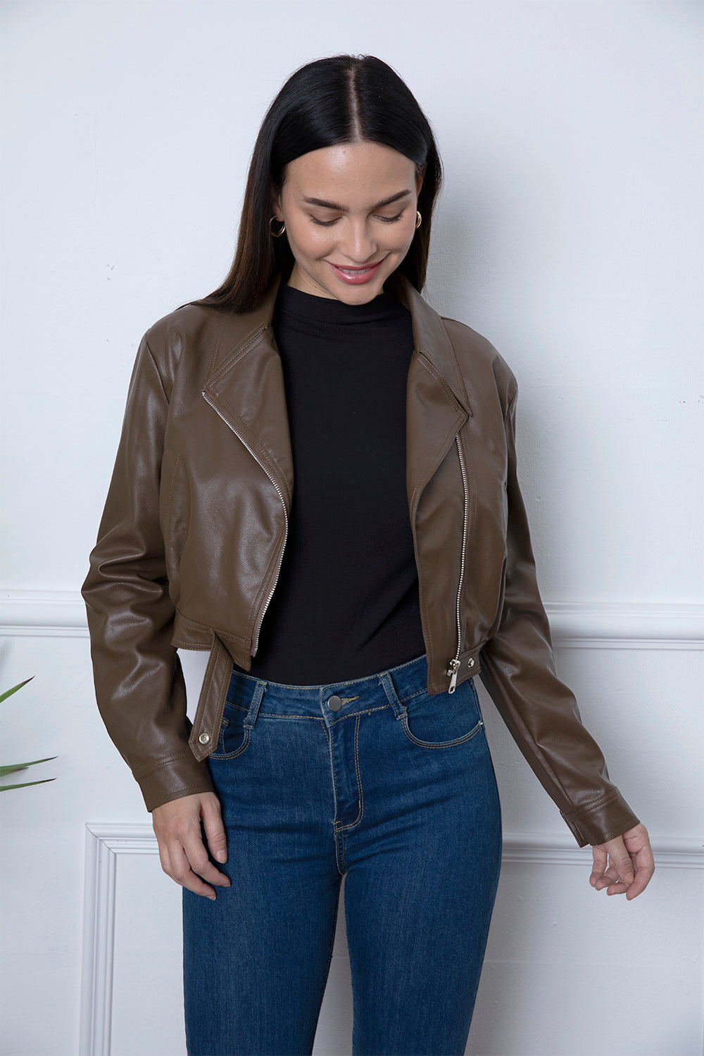 Zip Up Collared Neck Cropped Jacket 