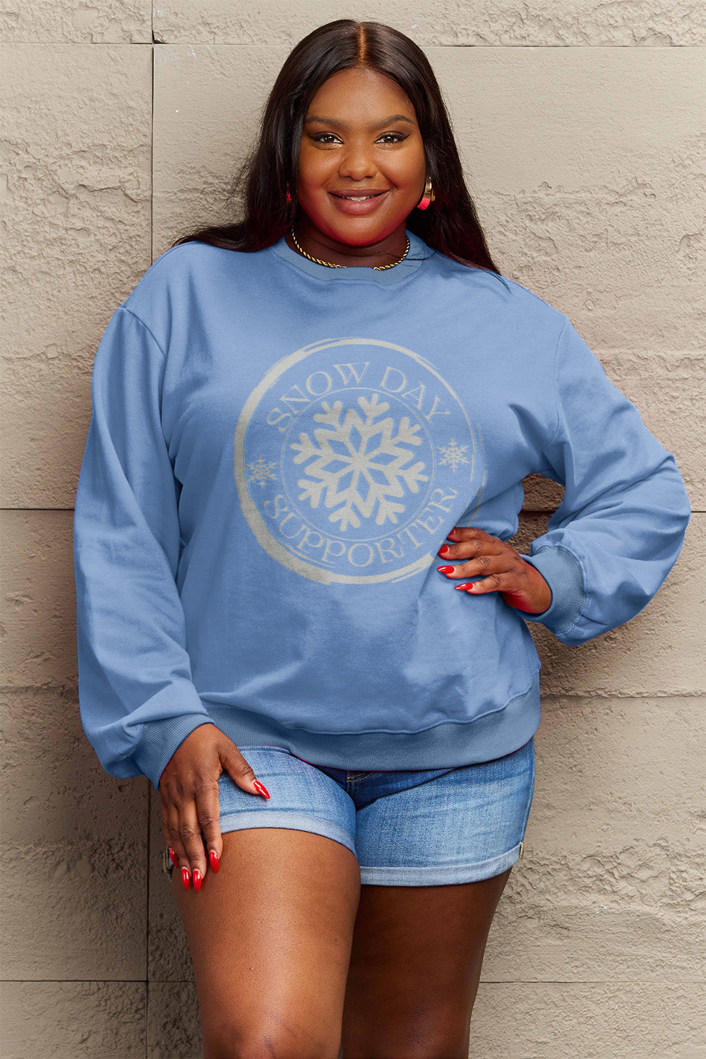 Simply Love Full Size SNOW DAY SUPPORTER Round Neck Sweatshirt 