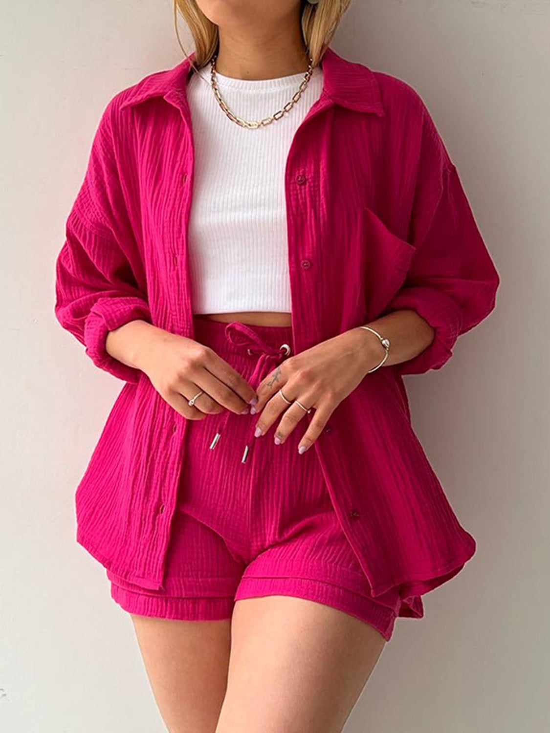 Texture Button Up Shirt and Drawstring Shorts Set - Babbazon