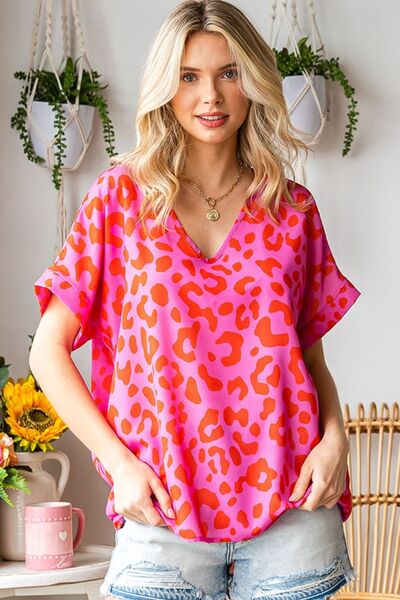 First Love Leopard V-Neck Short Sleeve Woven Top 