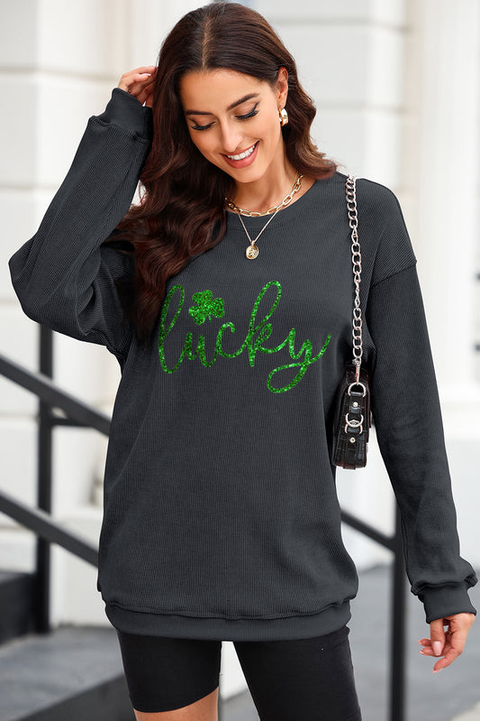 LUCKY Round Neck Dropped Shoulder Sweatshirt - Babbazon sweatshirt