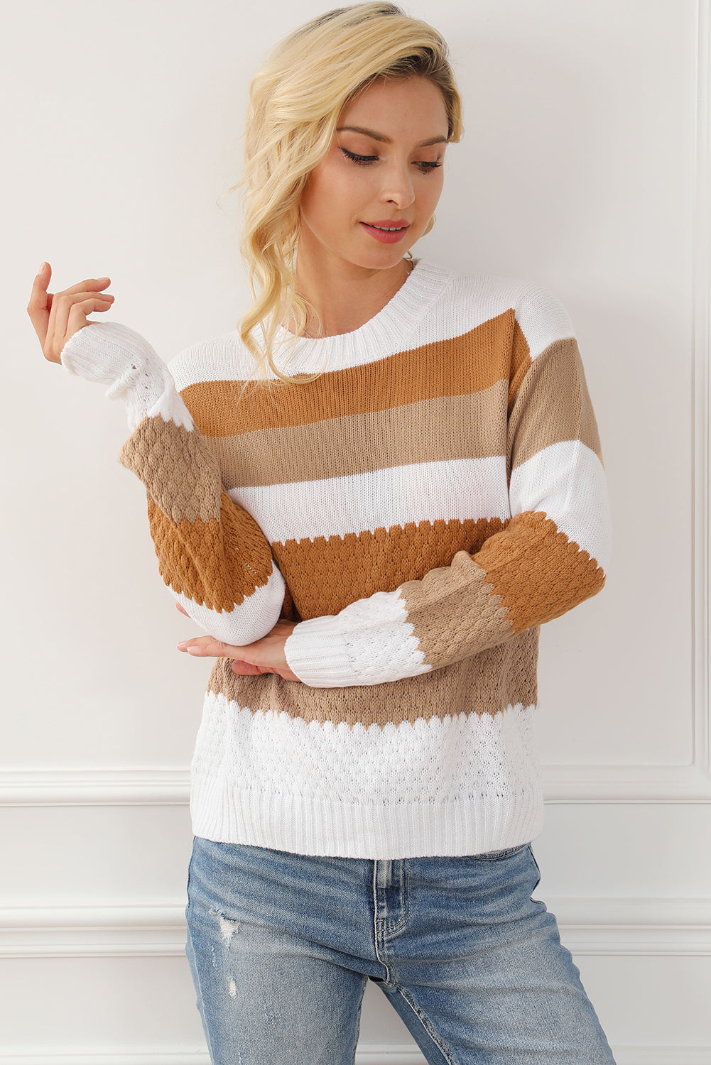 Striped Round Neck Long Sleeve Knit Top - Babbazon Tops