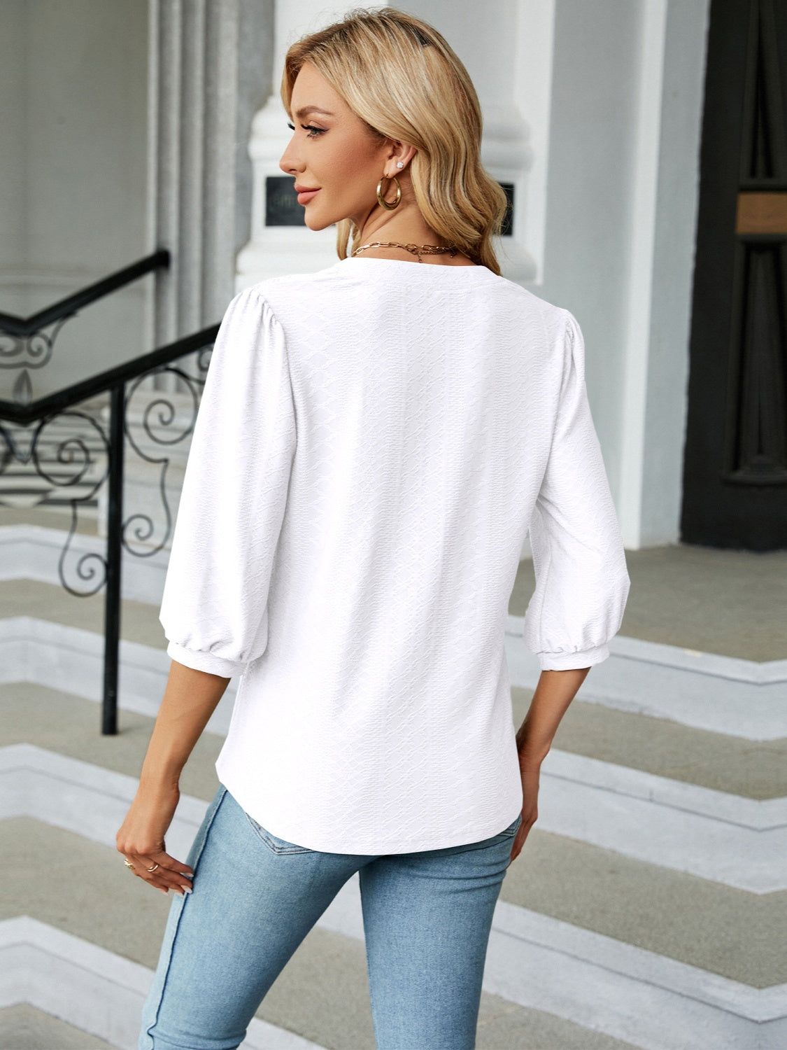 Textured Notched Three-Quarter Sleeve Blouse 