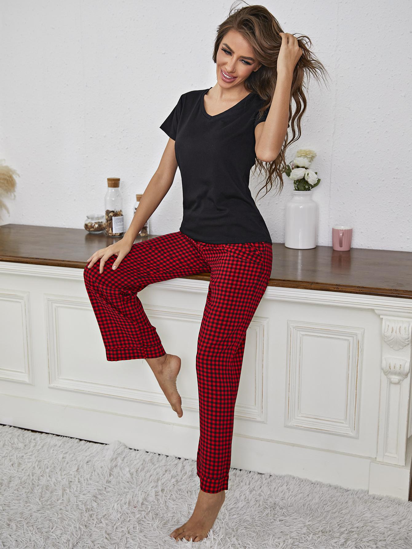 V-Neck Top and Gingham Pants Lounge Set 