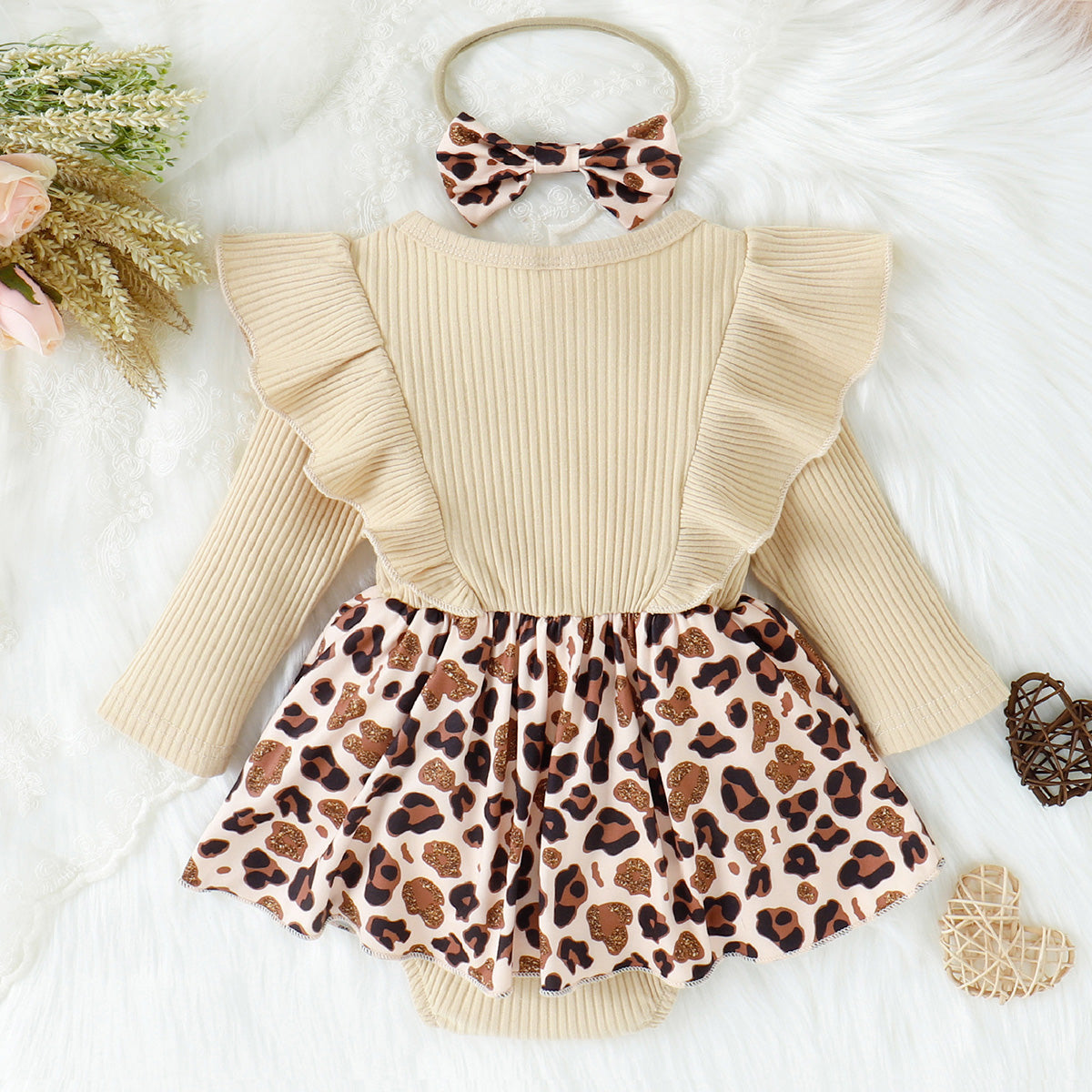 Printed Ruffled Bow Round Neck Bodysuit Dress