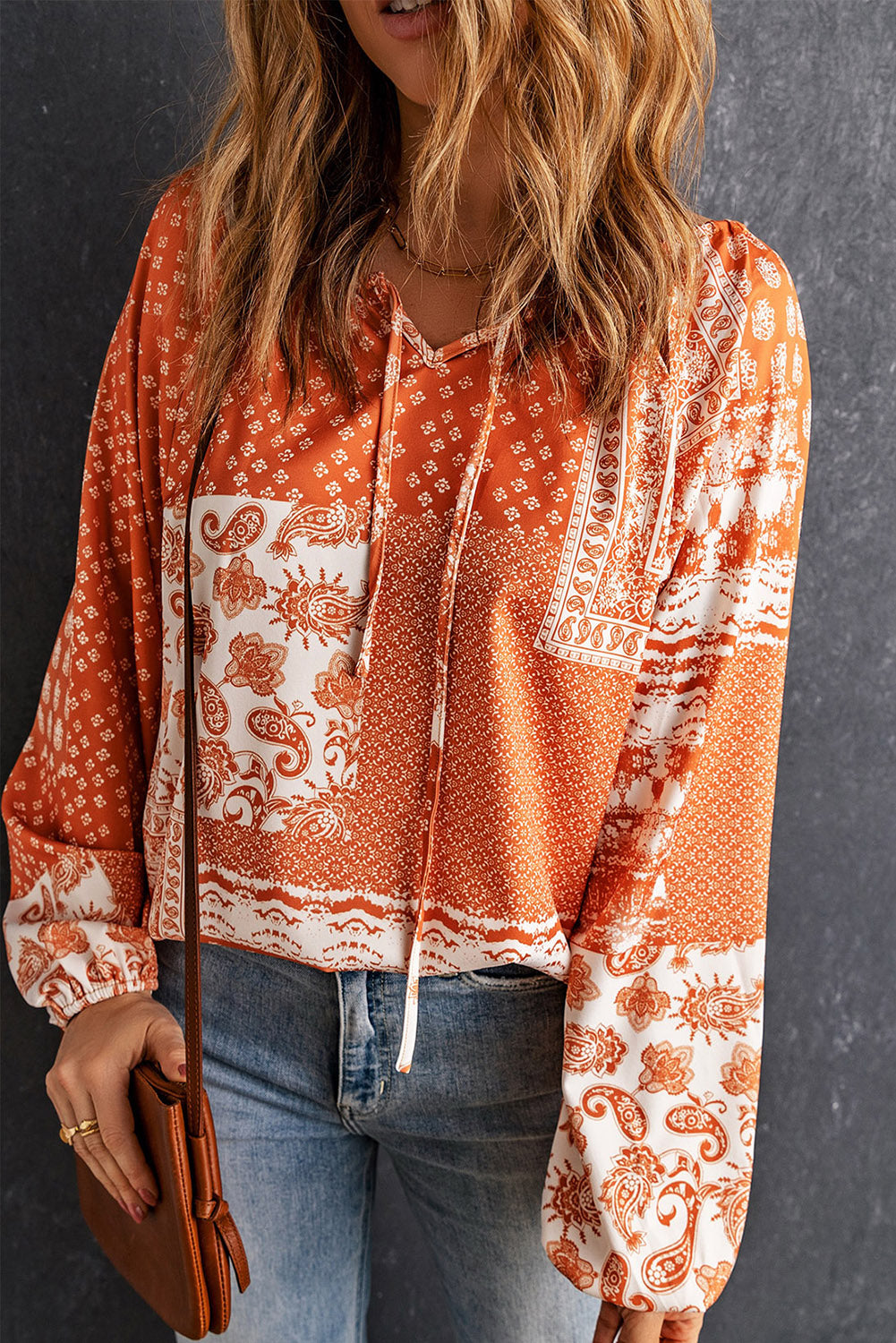 Bohemian Tie-Neck Balloon Sleeve Blouse 