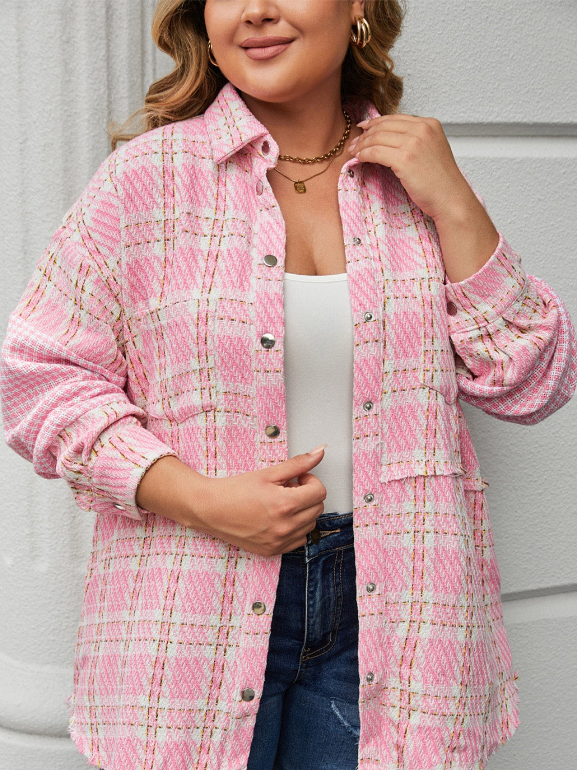 Plus Size Plaid Pocketed Snap Down Jacket 