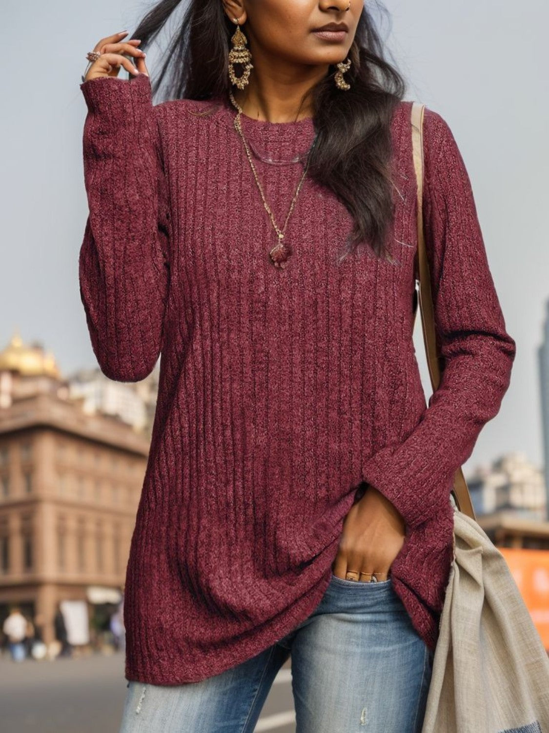 Ribbed Round Neck Long Sleeve Blouse 