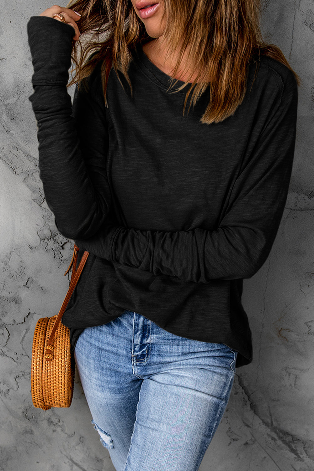 Thumbhole Long Sleeve Round Neck Top 