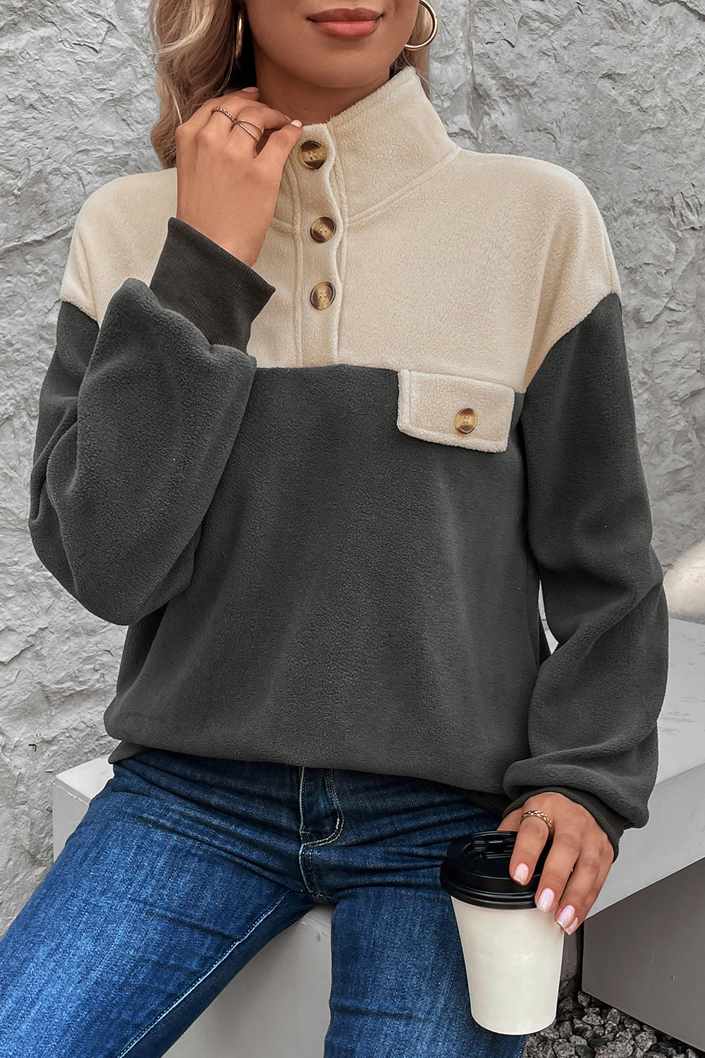 Color Block Quarter Button Dropped Shoulder Sweatshirt 