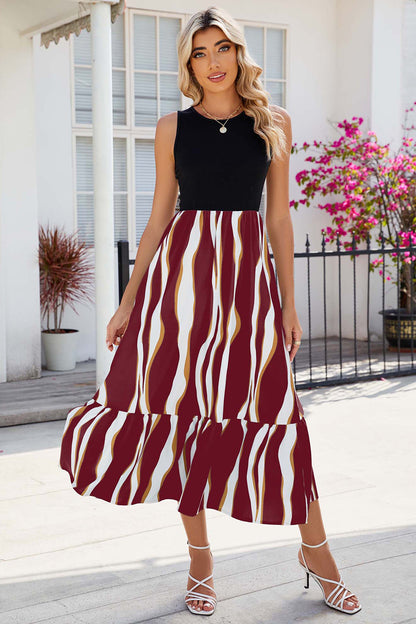 Striped Round Neck Sleeveless Midi Dress 