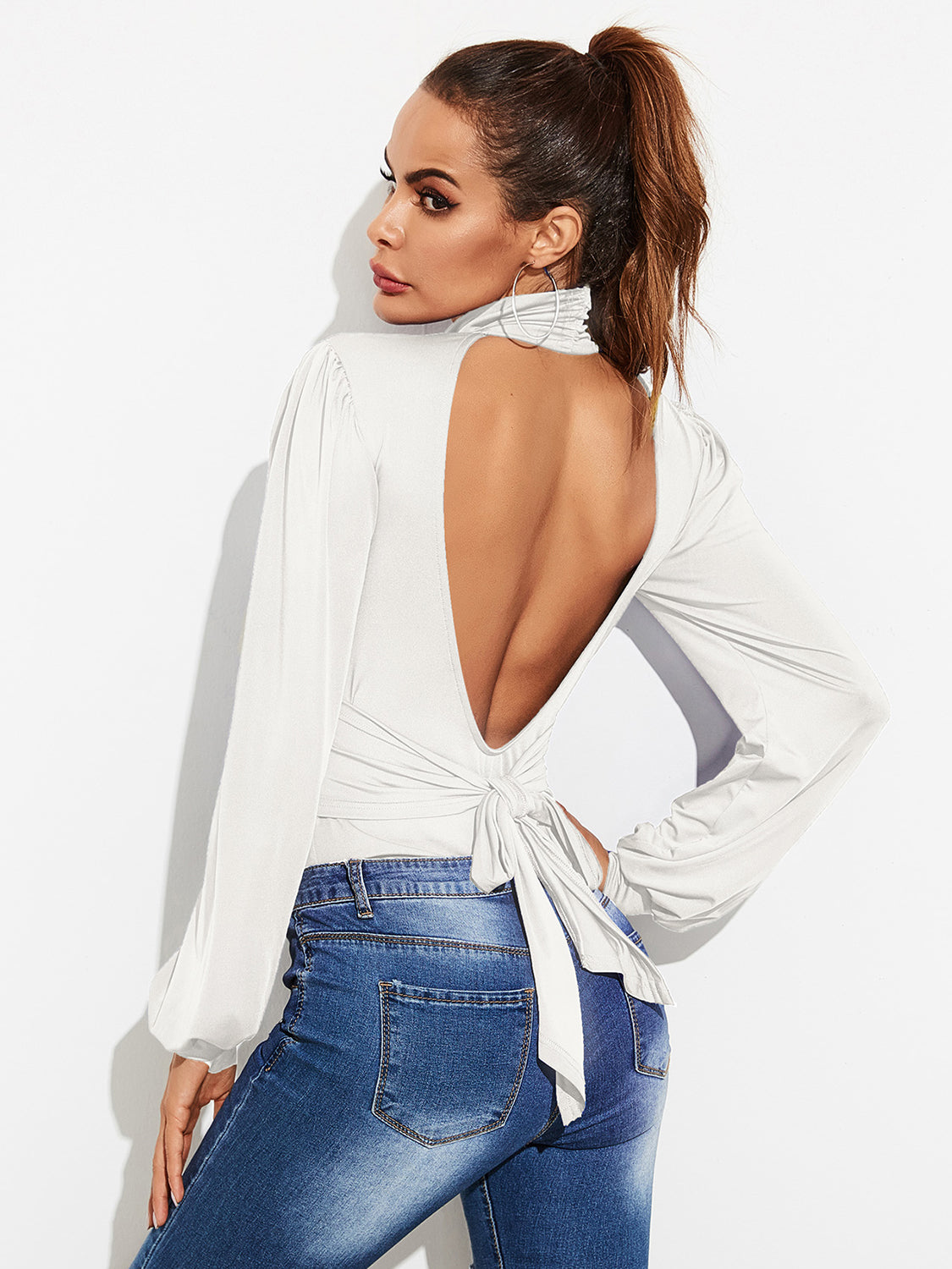 Backless Tie-Waist Turtleneck Lantern Sleeve Bodysuit 