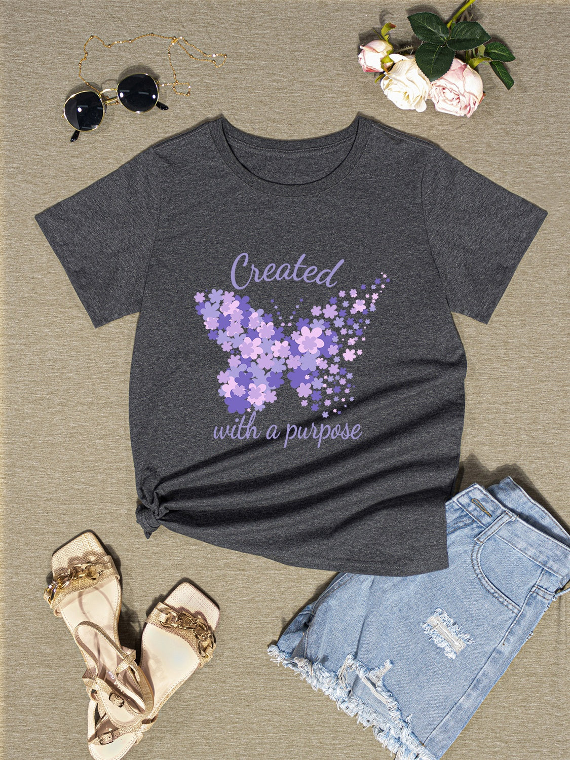 Butterfly Round Neck Short Sleeve T-Shirt 