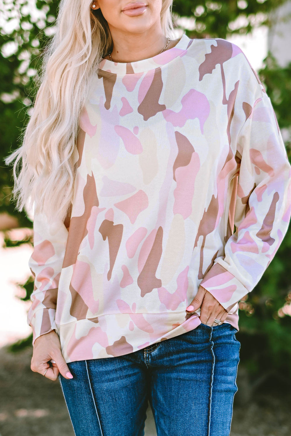 Printed Round Neck Dropped Shoulder Sweatshirt 