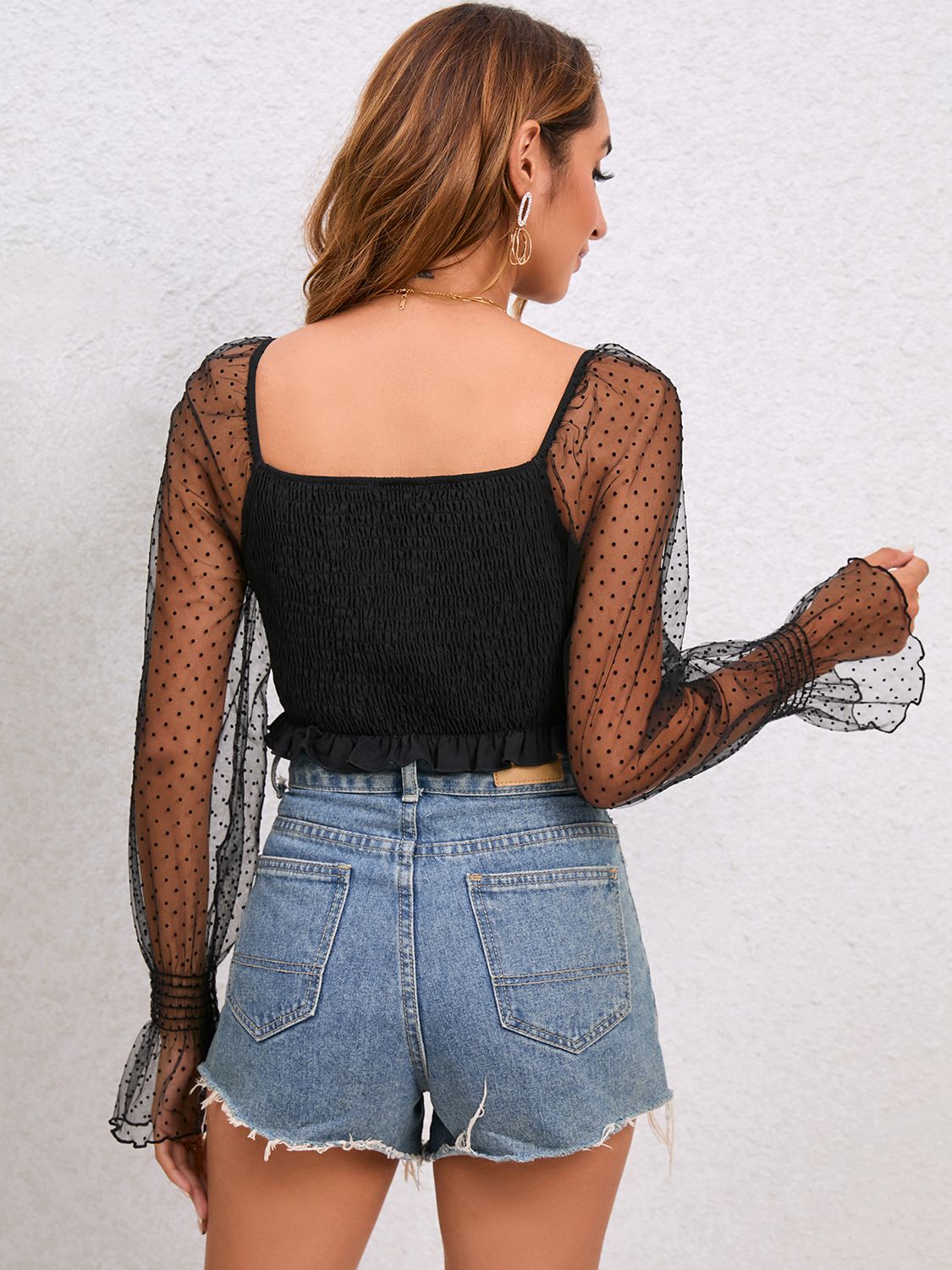 Drawstring Flounce Sleeve Cropped Top 