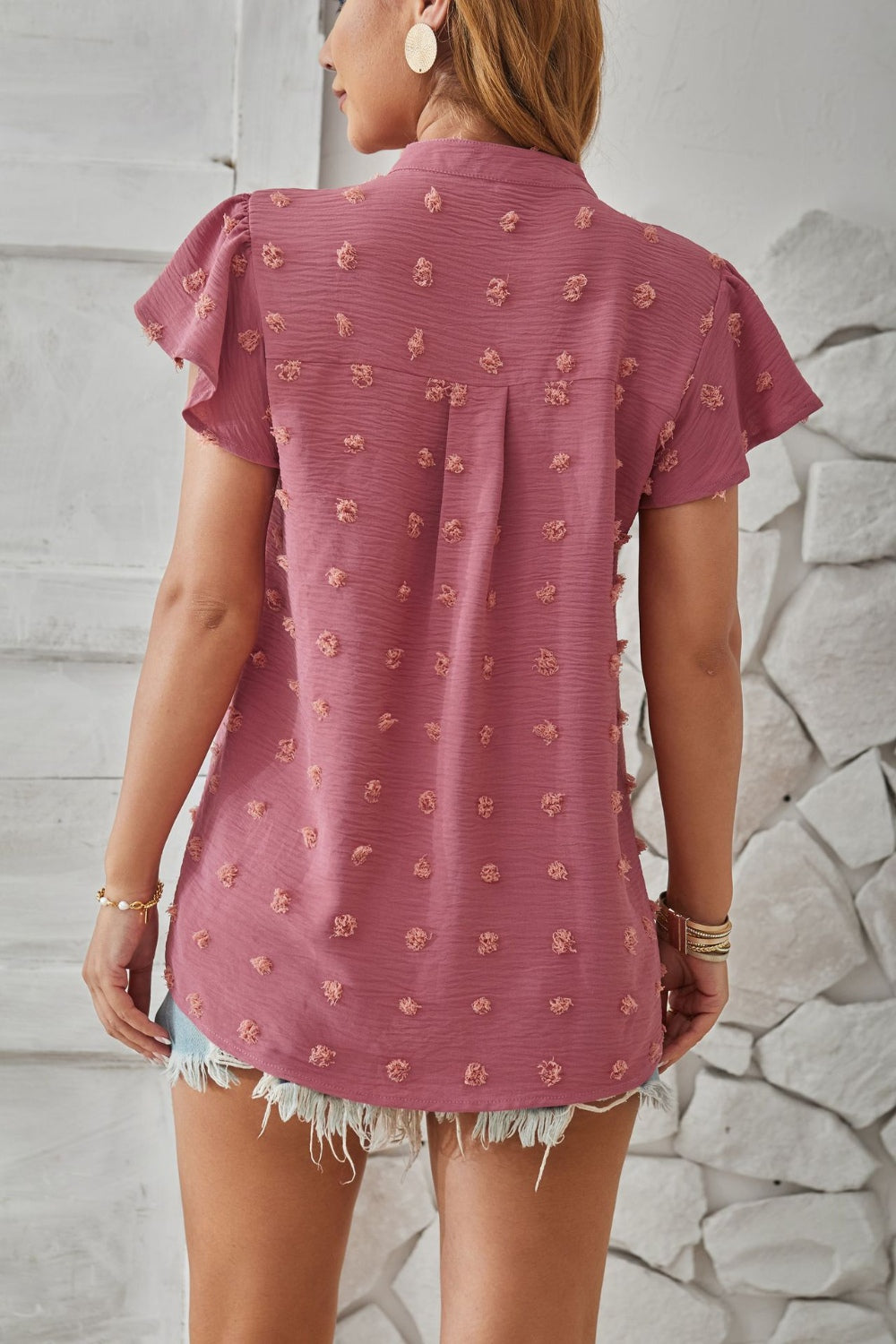 Swiss Dot Notched Cap Sleeve T-Shirt 