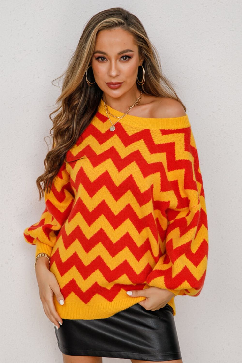 Chevron Lantern Sleeve Tunic Sweater 