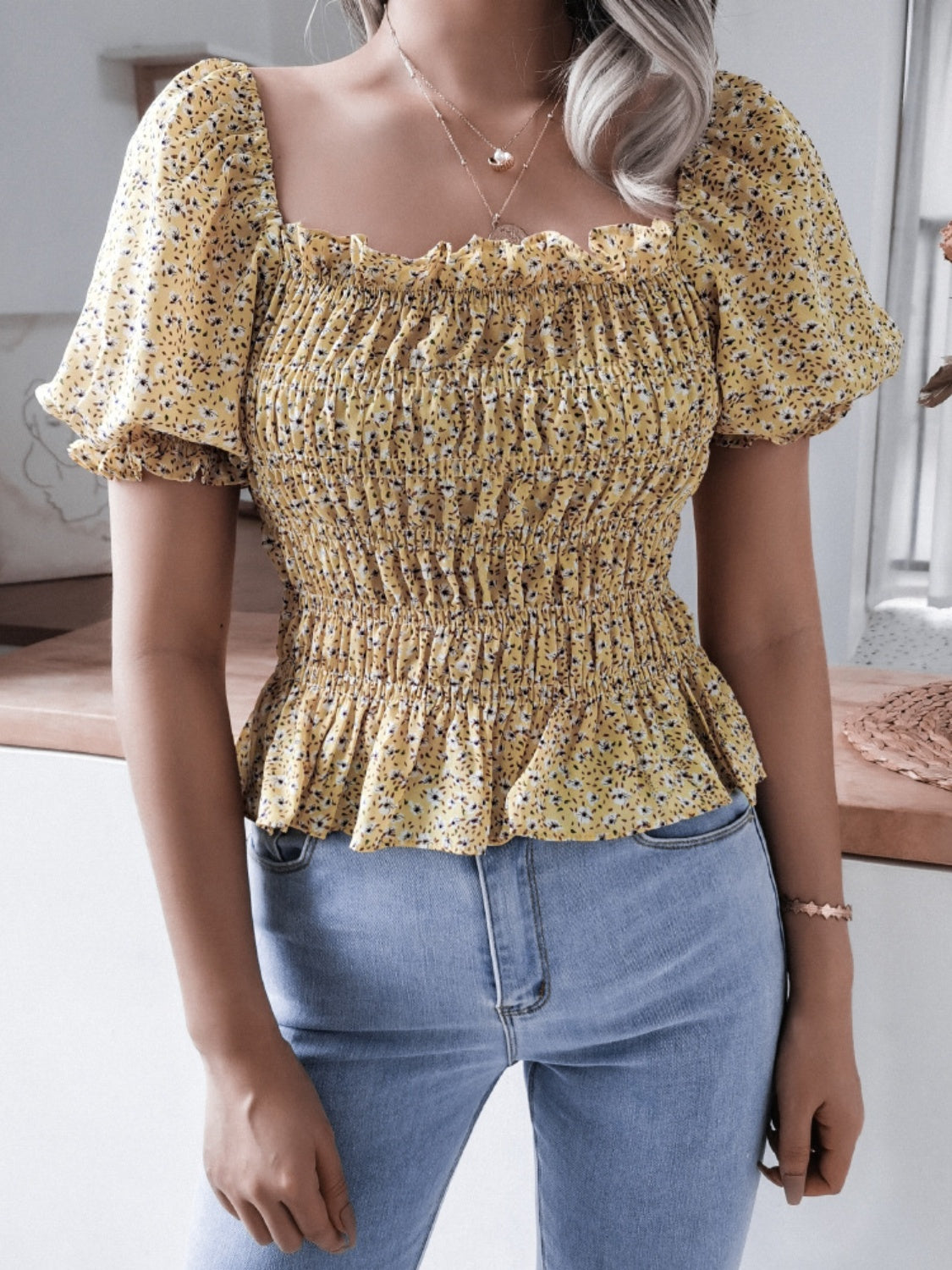 Frill Smocked Square Neck Short Sleeve Blouse 