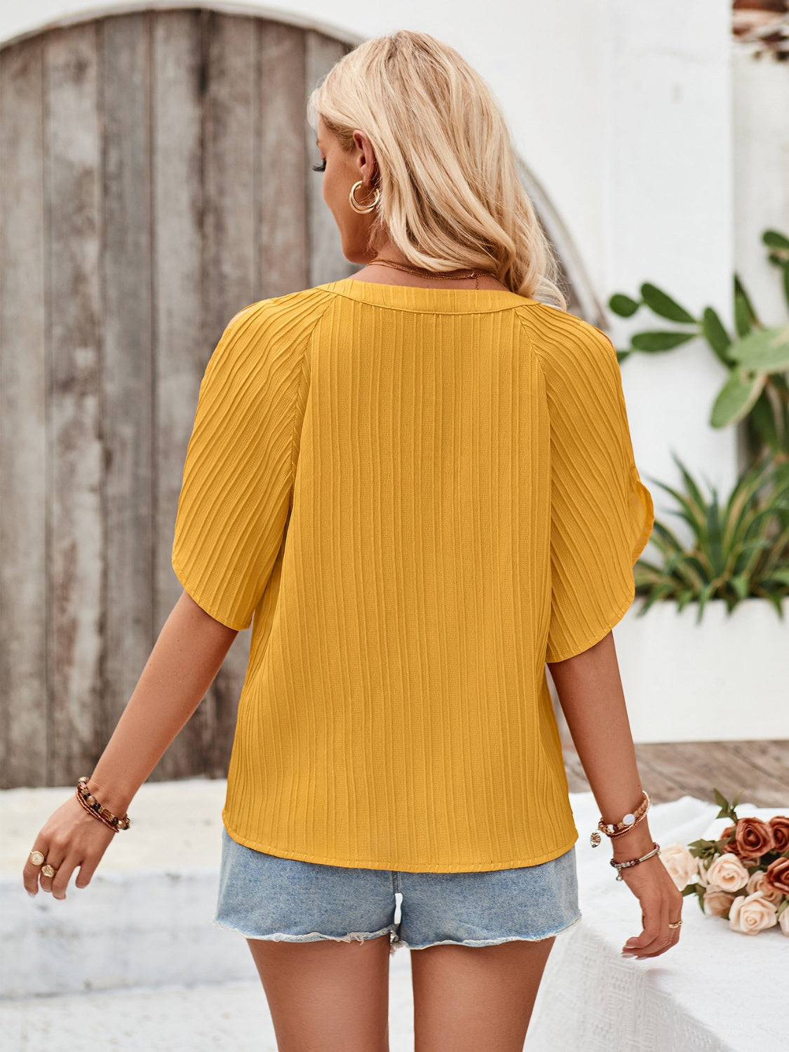 Notched Slit Half Sleeve Blouse 