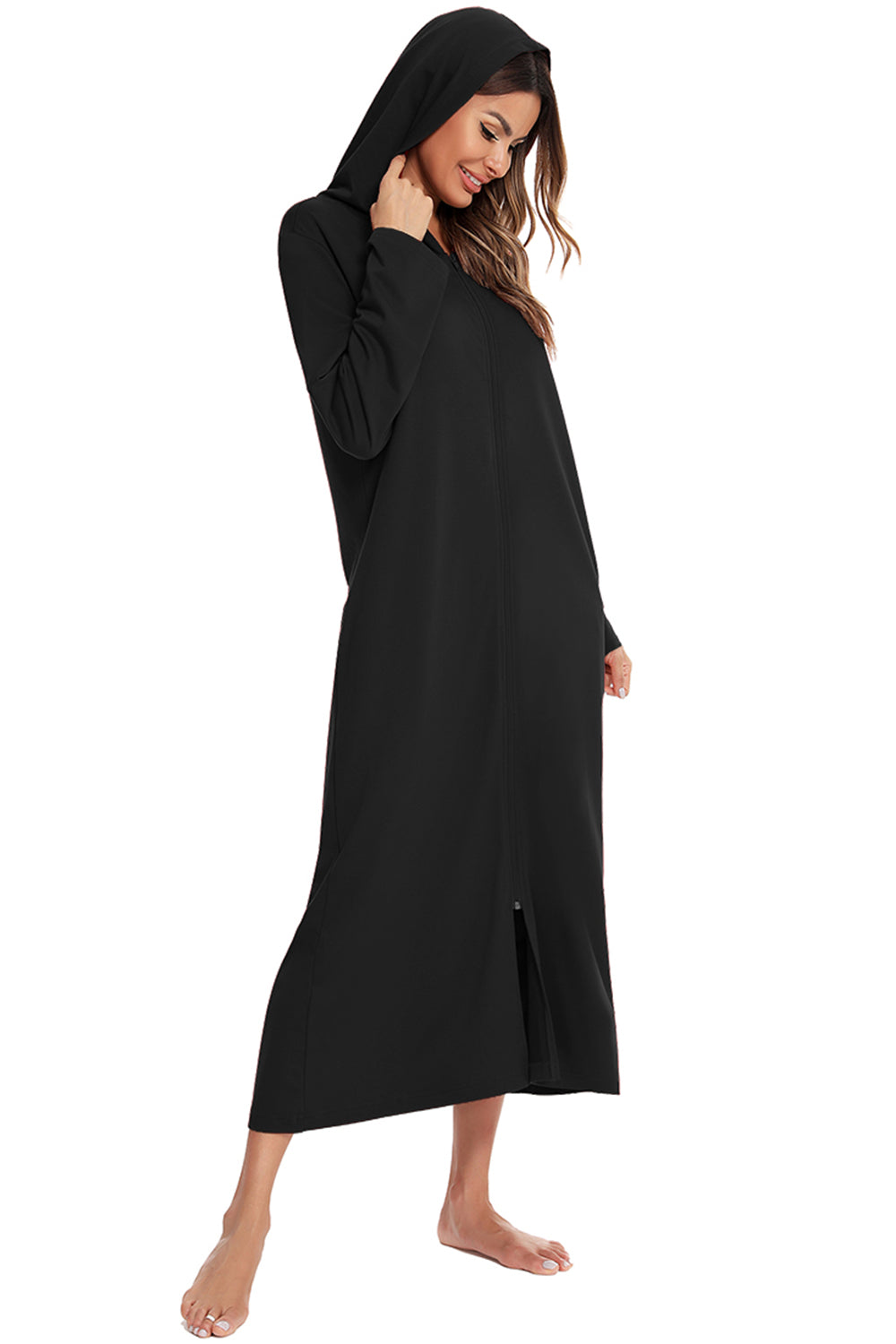 Zip Front Hooded Night Dress with Pockets 