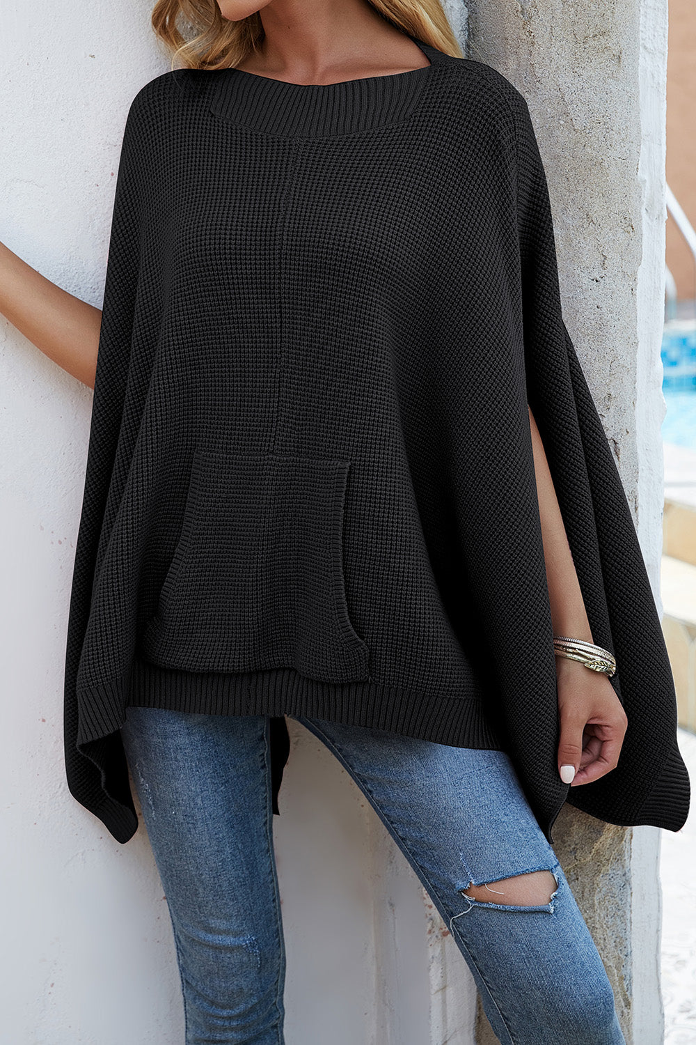 Waffle-Knit Pocketed Cape Sleeve Sweater 