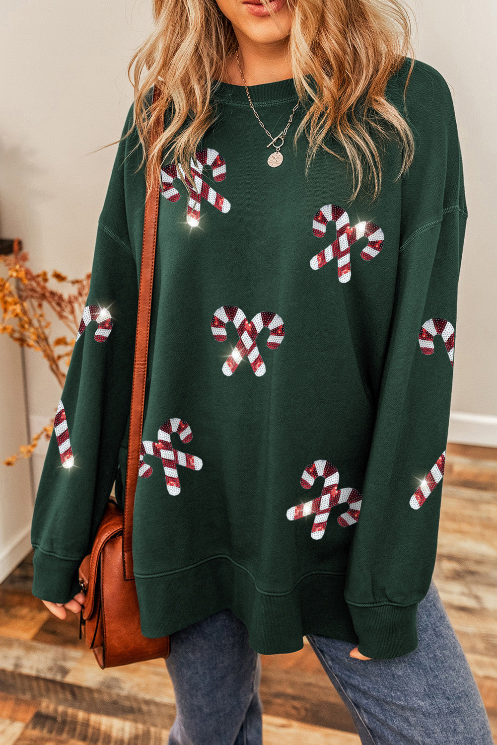 Candy Cane Sequin Round Neck Long Sleeve Sweatshirt 