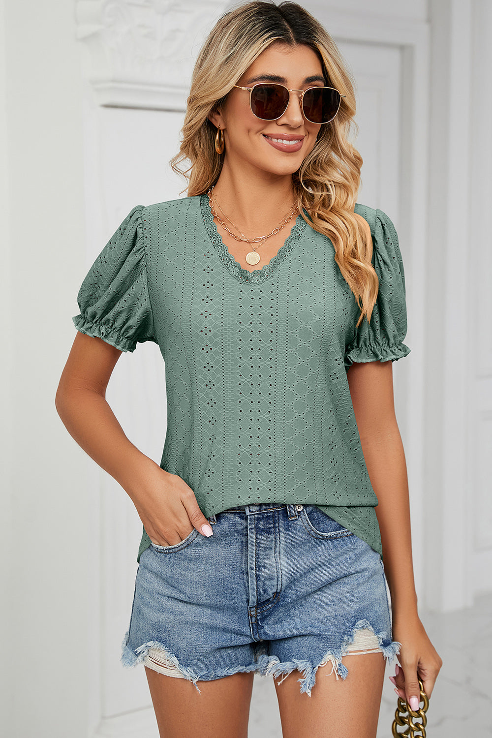 Eyelet V-Neck Short Sleeve Top