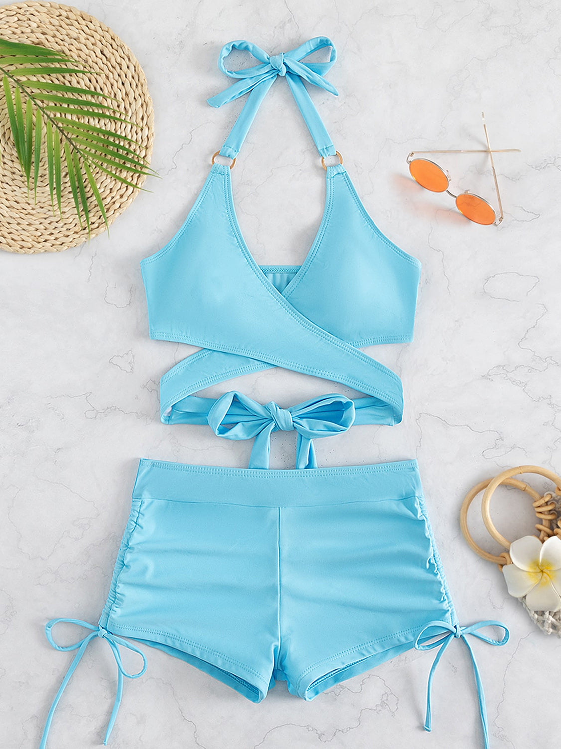 Crisscross Tied Top and Drawstring Shorts Swim Set 