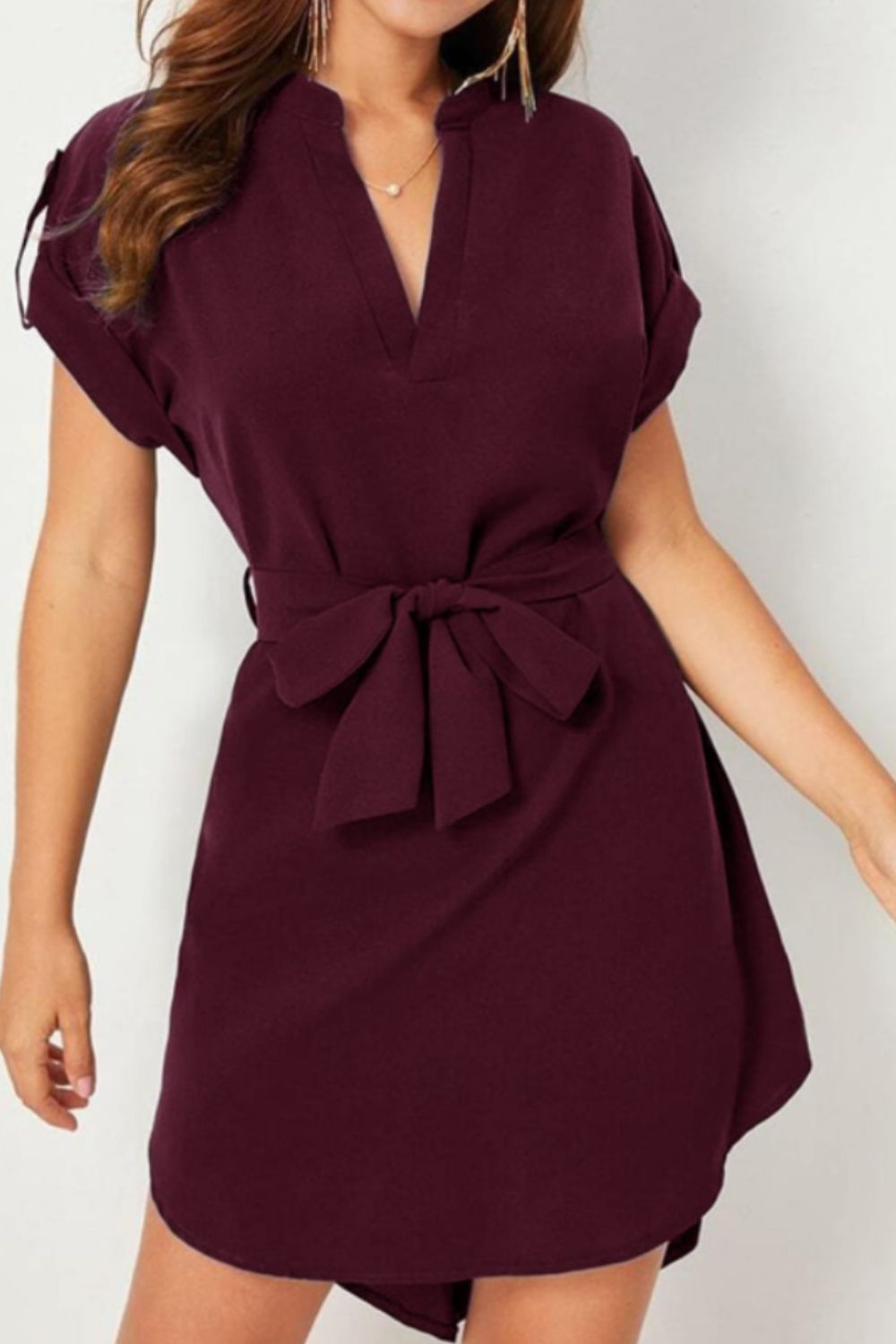 Tied Notched Short Sleeve Dress - Babbazon