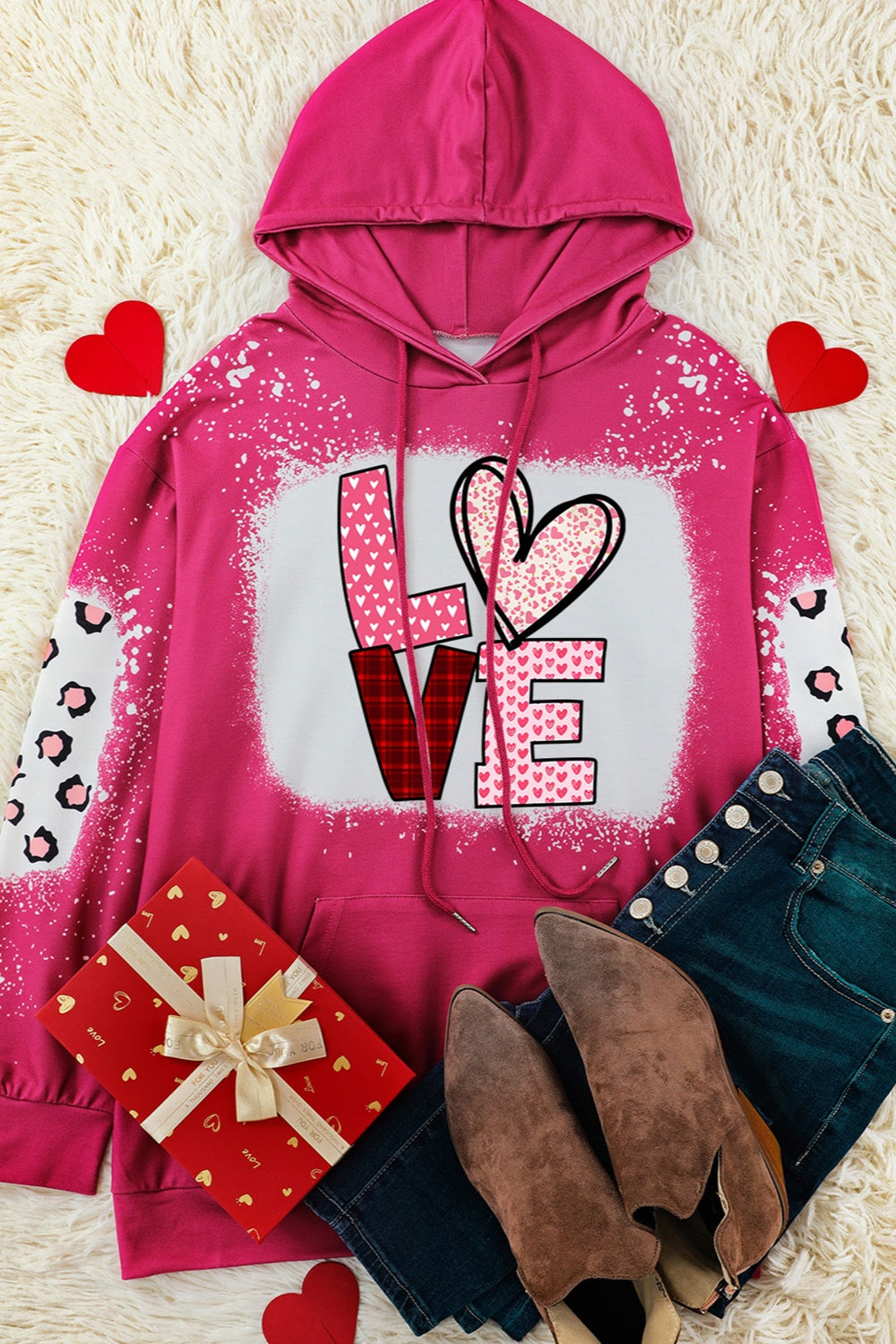 LOVE Heart Drawstring Dropped Shoulder Hoodie 