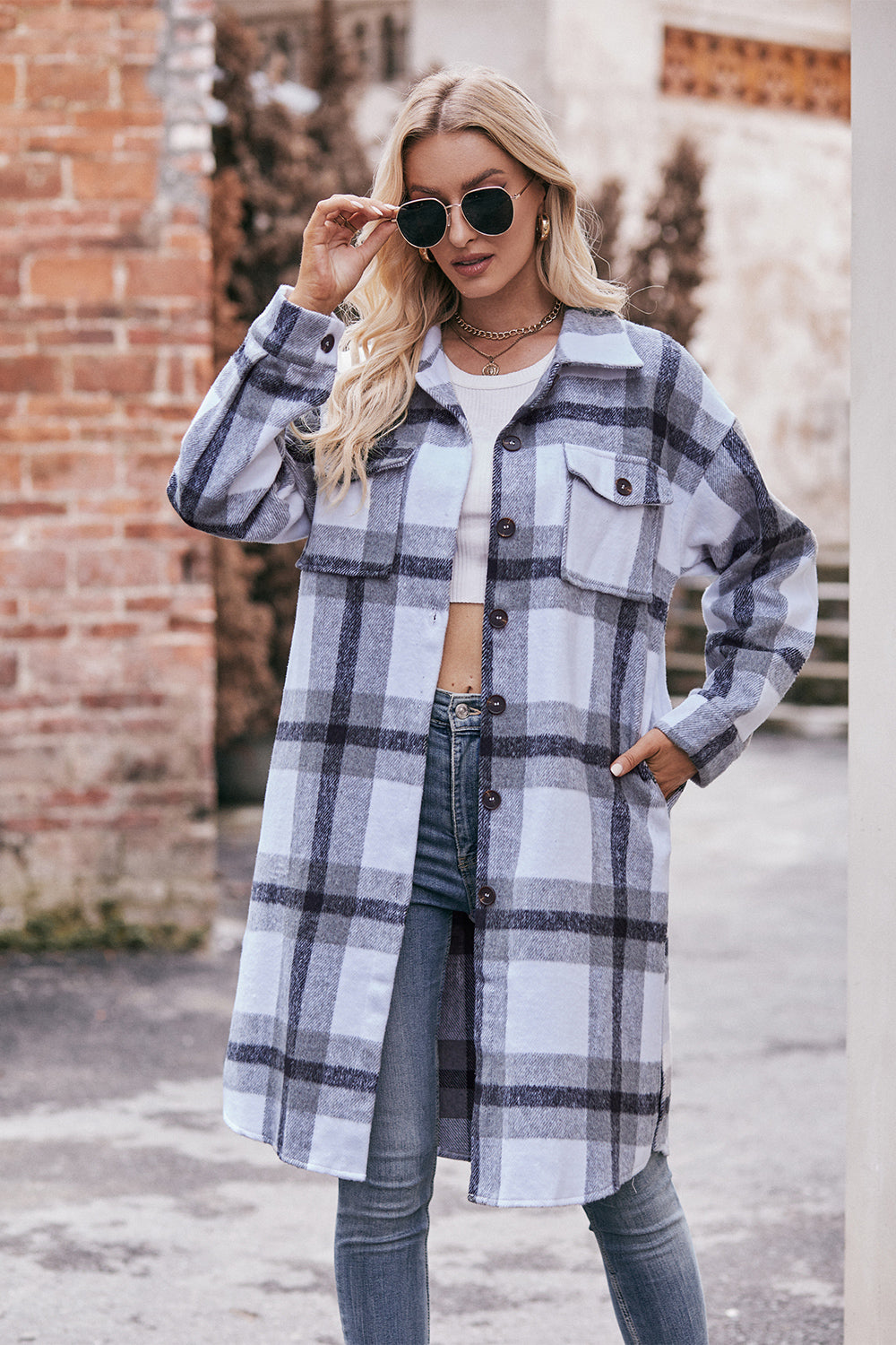 Plaid Dropped Shoulder Longline Jacket 