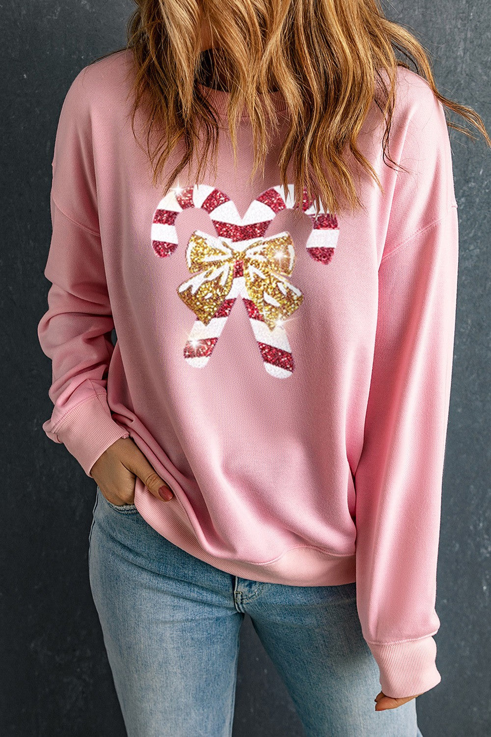 Candy Cane Sequin Dropped Shoulder Sweatshirt 