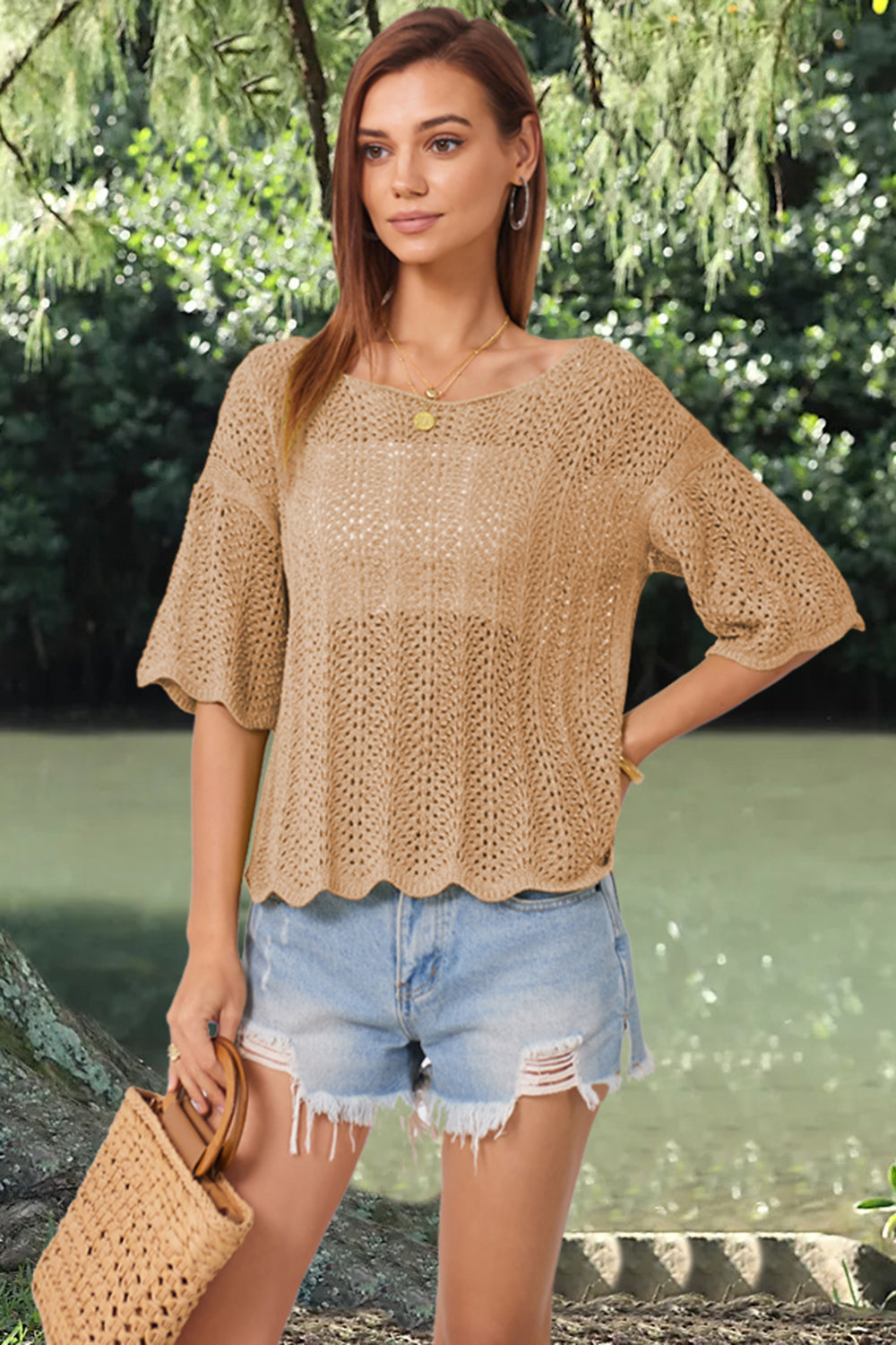 Openwork Round Neck Half Sleeve Knit Top 