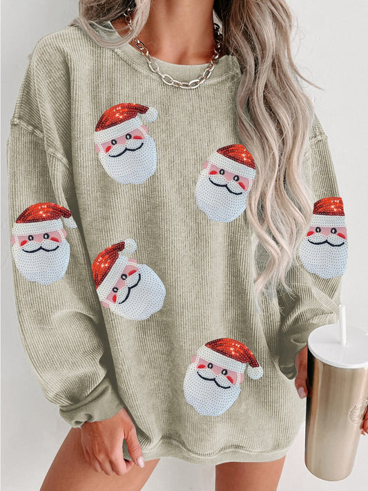 Sequin Santa Patch Ribbed Sweatshirt - Babbazon Sparkly Clothes