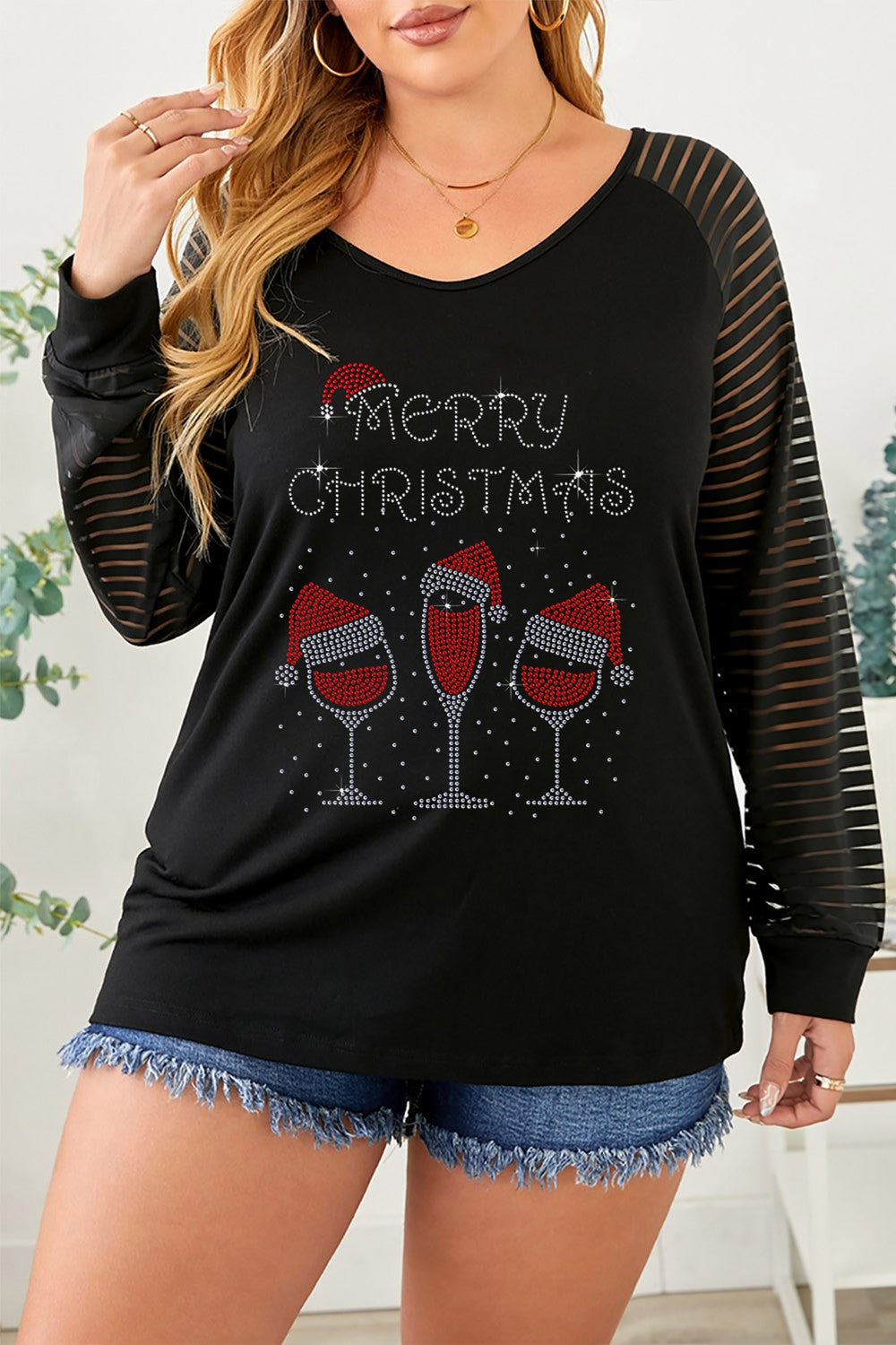 Plus Size MERRY CHRISTMAS Striped Long Sleeve T-Shirt 