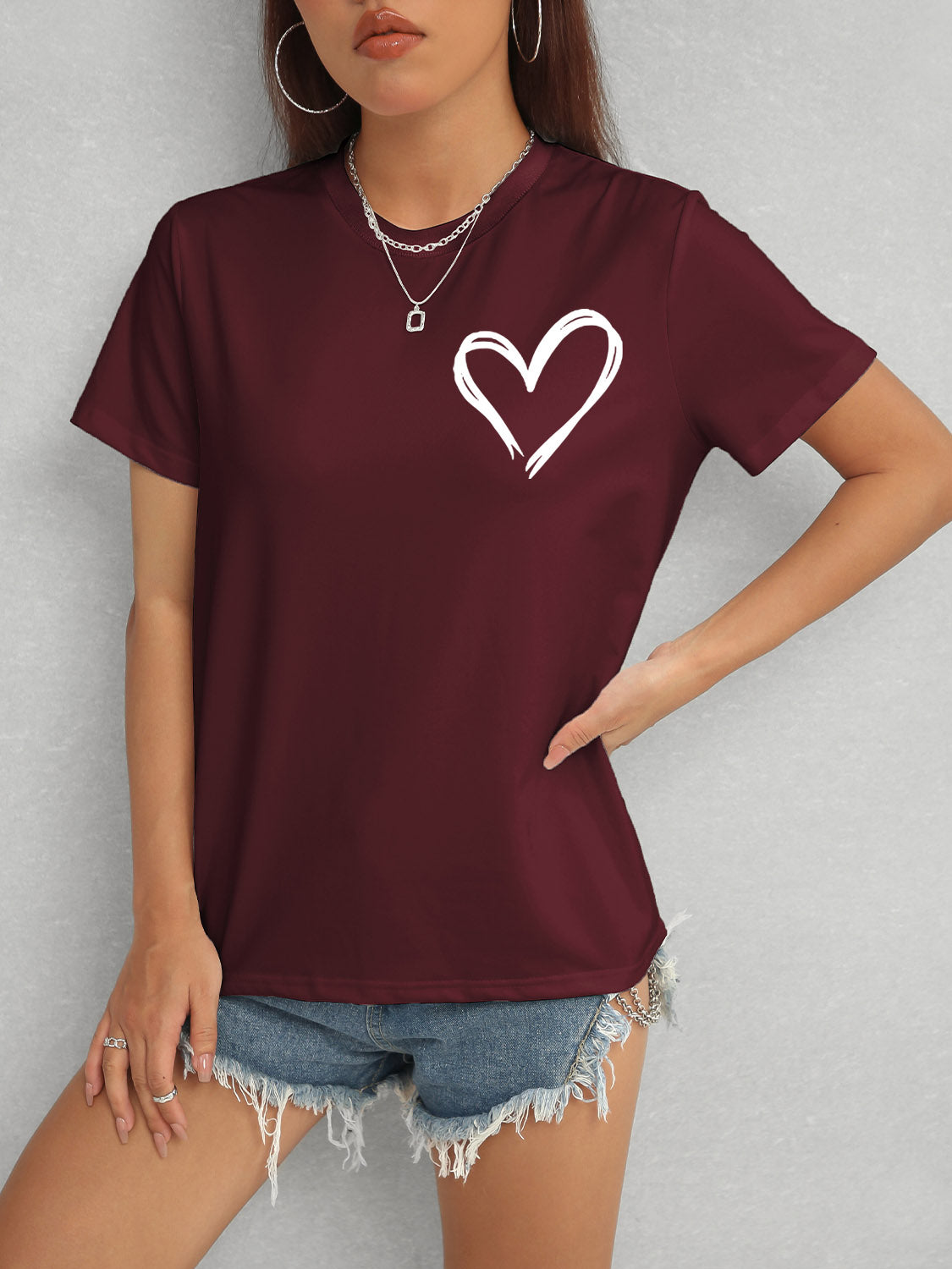 Heart Round Neck Short Sleeve T-Shirt 