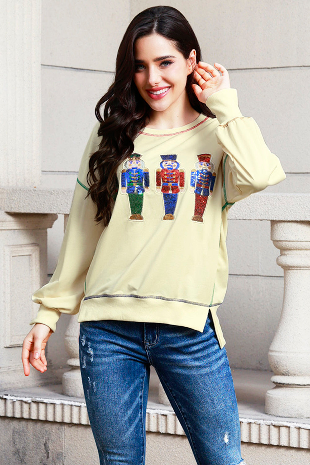 Sequin Nutcracker Round Neck Slit Sweatshirt