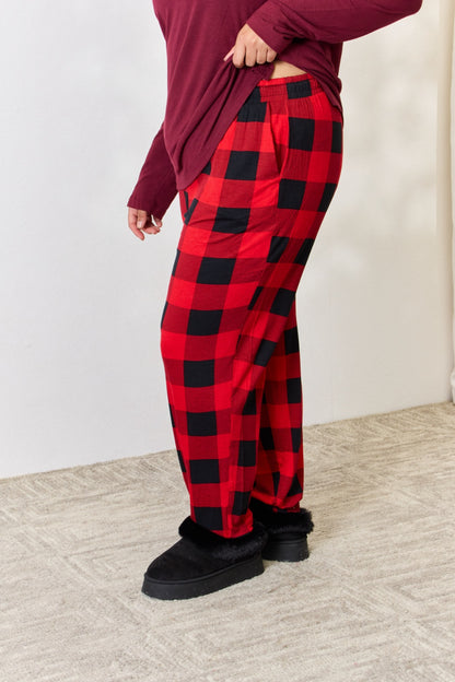 Zenana Full Size Plaid Round Neck Top and Pants Pajama Set 