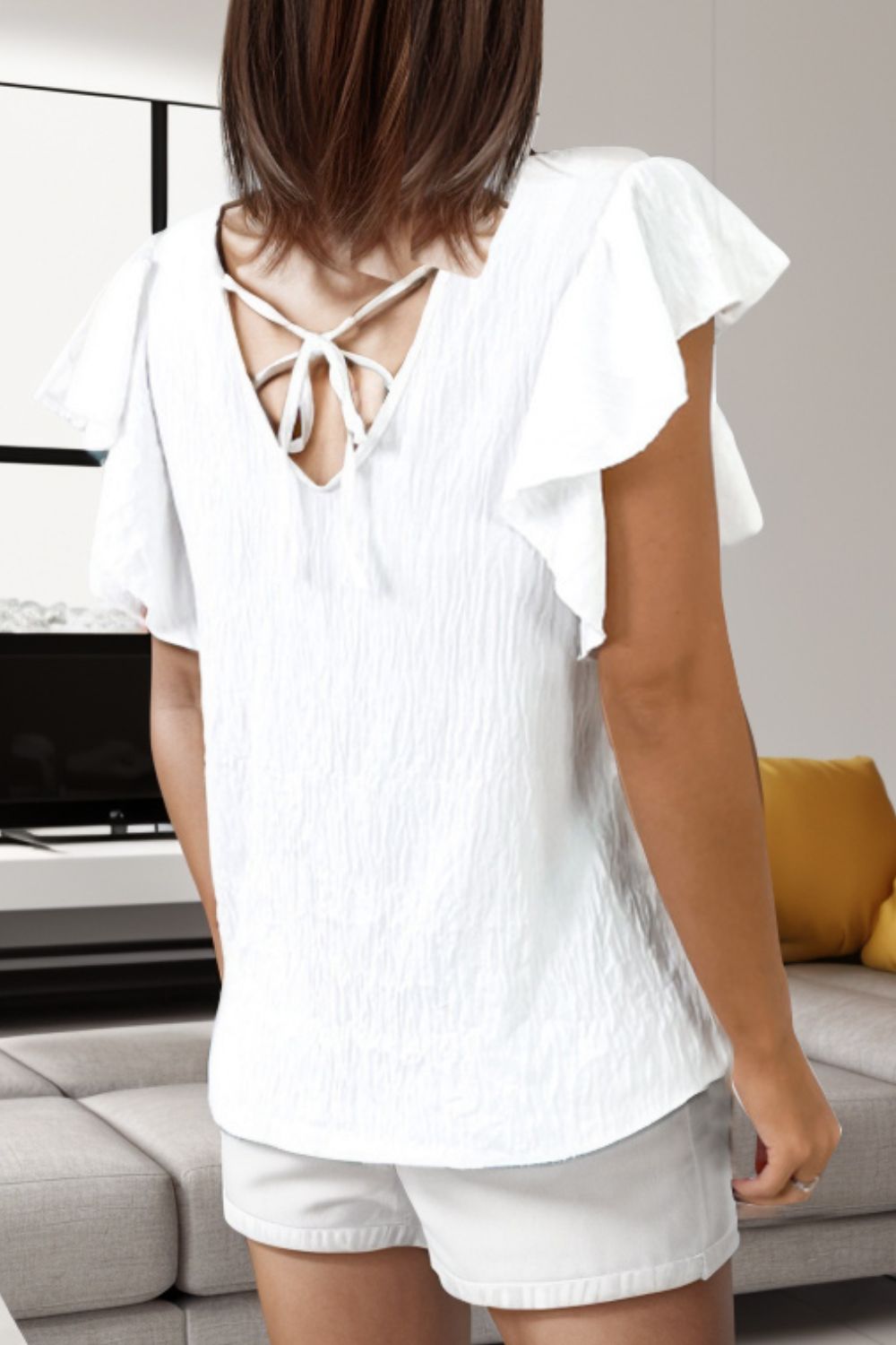 Tied V-Neck Ruffled Cap Sleeve Blouse 