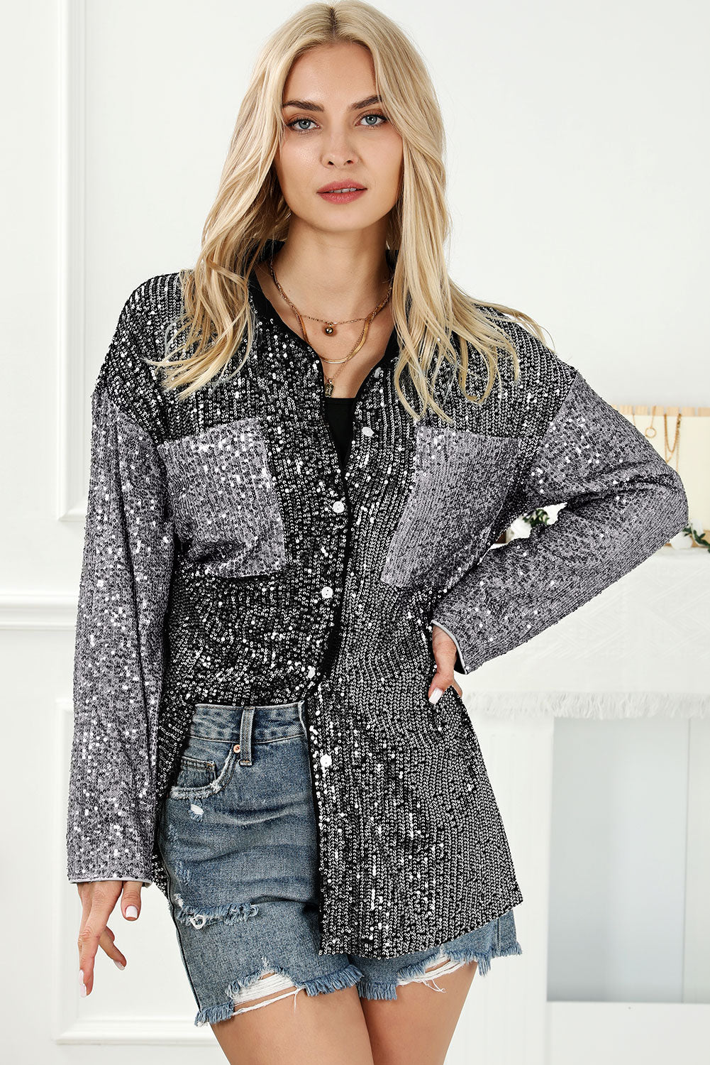 Sequin Button Up Collared Neck Shirt 