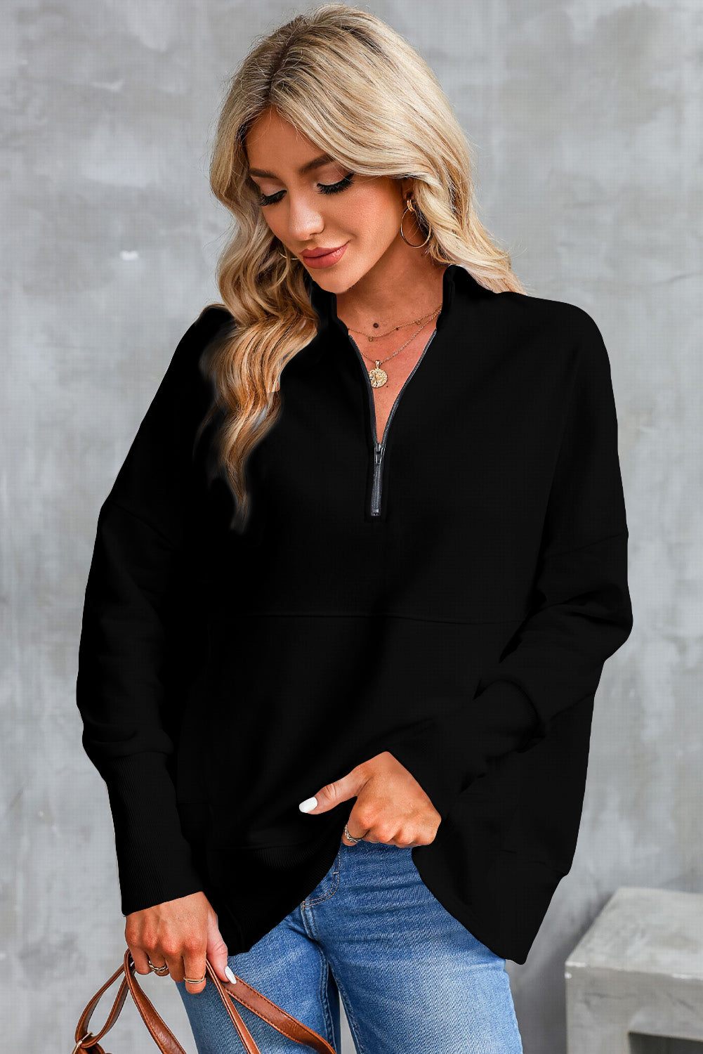 Half Zip Pocketed Dropped Shoulder Sweatshirt - Babbazon sweatshirt