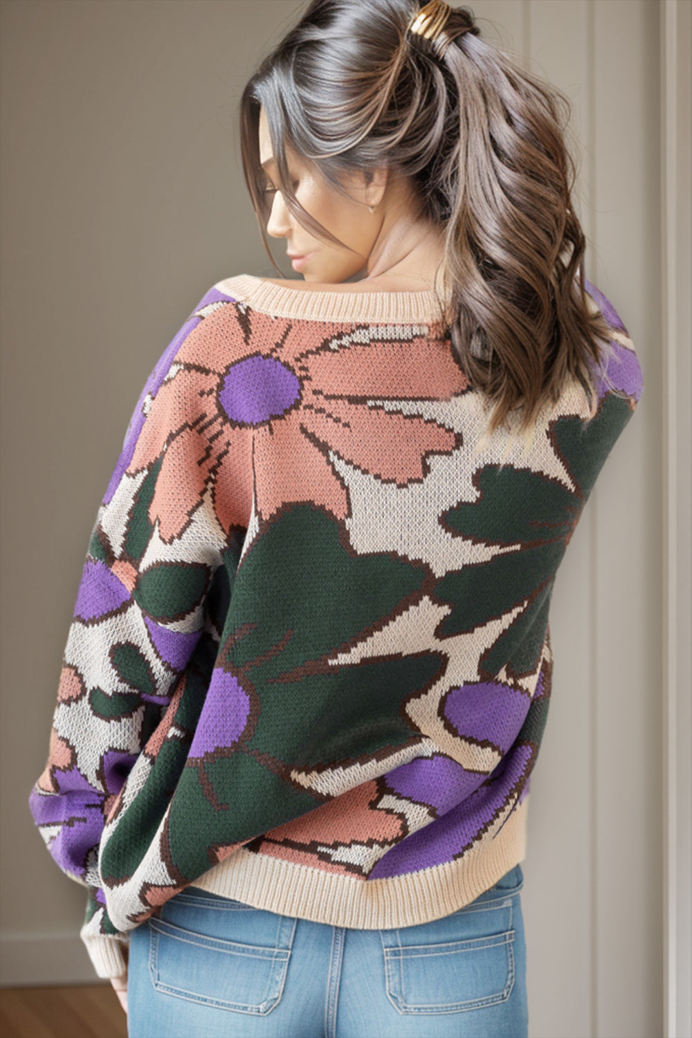 Flower Round Neck Dropped Shoulder Sweater 