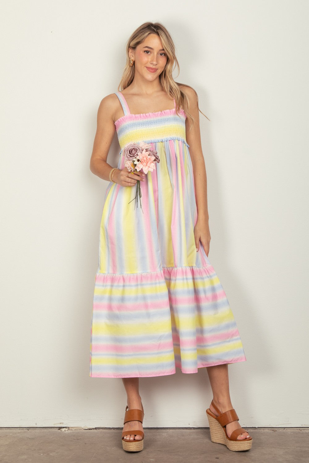 VERY J Striped Woven Smocked Midi Cami Dress 