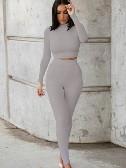 Mock Neck Long Sleeve Top and High Waist Pants Set 